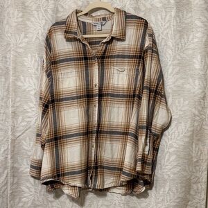 Old Navy Plaid Button-Down Shirt in Cream, Brown, and Black